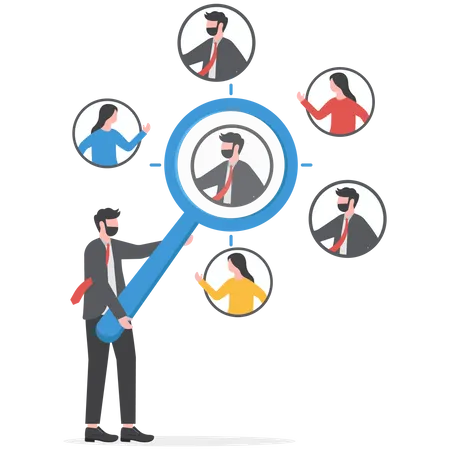 Customer Centric Marketing Strategy To Design Product And Service UX User Experience Advertising Focused Group Concept Businessman With Magnifying Glass Focus On Customer Users Or People Illustration