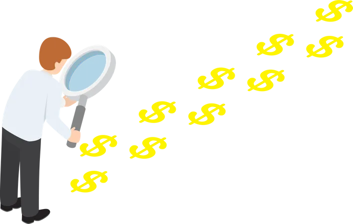 Businessman with magnifying glass looking a trail of dollar sign, financial tracking and investment  Illustration