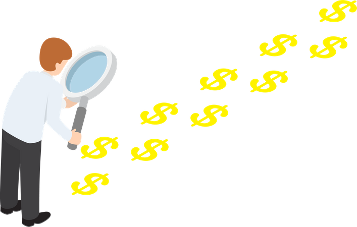 Businessman with magnifying glass looking a trail of dollar sign, financial tracking and investment  Illustration