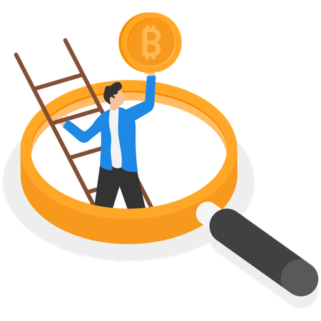 Businessman with magnifying glass looking at cryptocurrency  Illustration