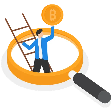 Businessman with magnifying glass looking at cryptocurrency  Illustration