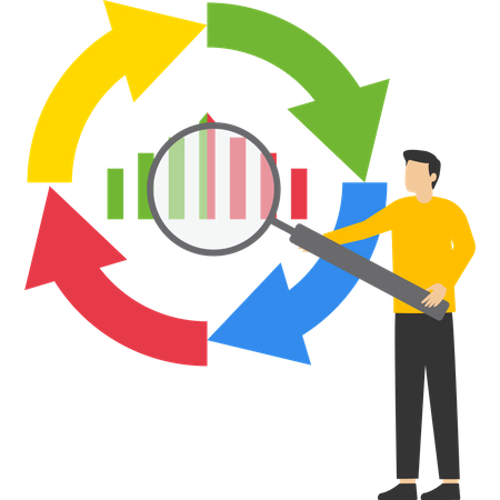 Businessman with magnifying glass on economic cycle diagram  Illustration