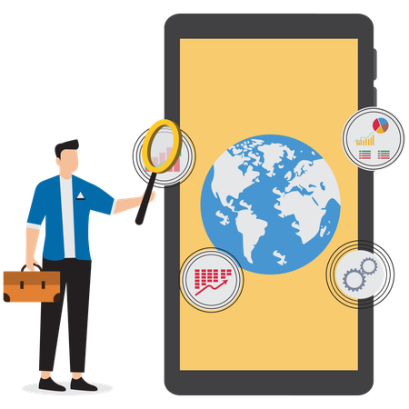 Businessman with magnifying glass on smartphone analyzing global business data  Illustration