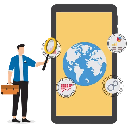 Businessman with magnifying glass on smartphone analyzing global business data  Illustration