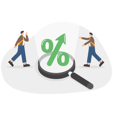 Businessman with magnifying glass to see percentage graph height  Illustration