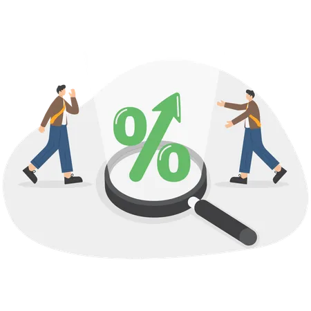 Businessman with magnifying glass to see percentage graph height  Illustration