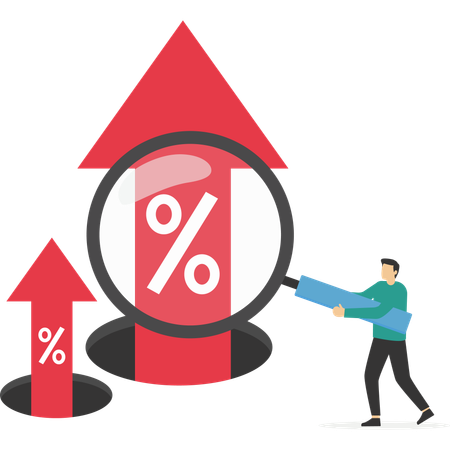 Businessman with magnifying glass to see percentage graph height  Illustration