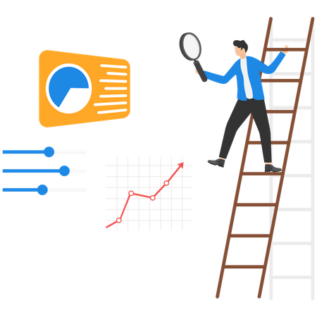 Businessman with magnifying glass using ladder to see work optimization based on graph  Illustration