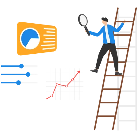 Businessman With Magnifying Glass Using Ladder To See Work Optimization Based On Graph Optimization Business Concept Illustration