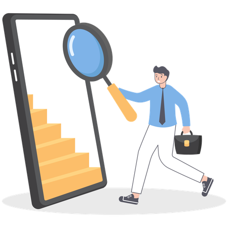 Businessman with magnifying glass walking in mobile phone  Illustration