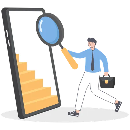 Businessman with magnifying glass walking in mobile phone  Illustration