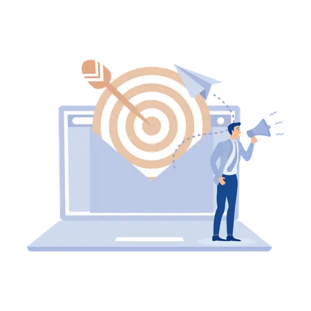 Businessman with megaphone and targeting email on laptop Illustration