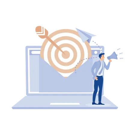 Businessman with megaphone and targeting email on laptop  Illustration