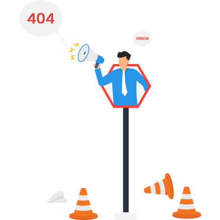 Businessman with Megaphone Announcing Error Message with Traffic Cones  Illustration