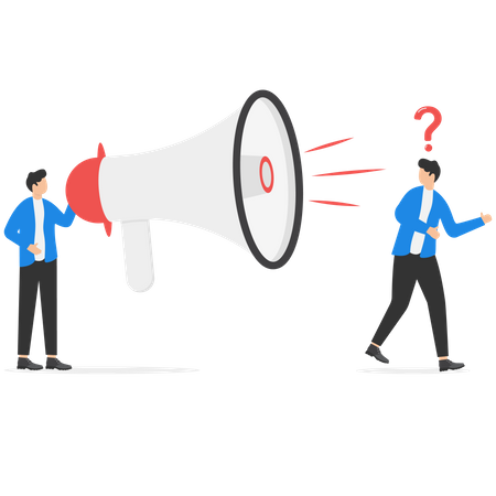 Businessman with megaphone giving information to confused customer  Illustration