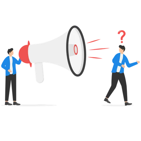 Businessman With Megaphone Giving Information To Confused Customer Business Communication Concept Illustration