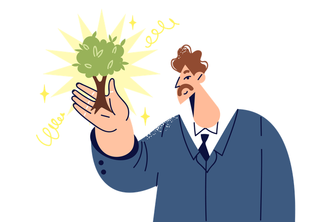 Businessman with miniature tree showing sustainable investment  Illustration