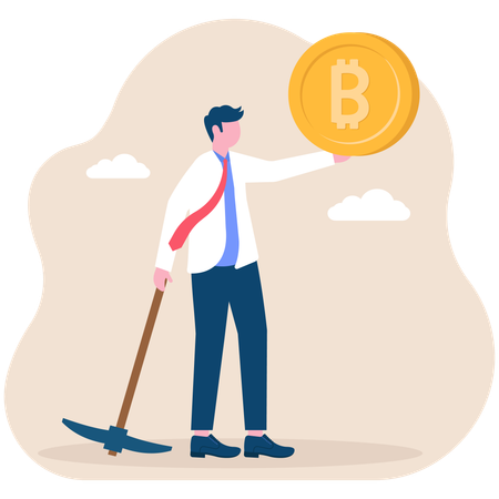 Businessman with mining equipment holding bitcoin cryptocurrency  Illustration