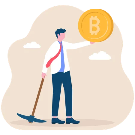 Businessman with mining equipment holding bitcoin cryptocurrency  Illustration