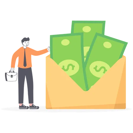 Business Man And Woman Stands Near Big Envelope With Money Concept Of A Salary Bonus Payout Wages In The Envelope Transfer Money Illustration
