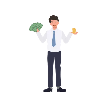 Financial Concept Full Length Of Businessman Is Holding Fan Of Dollar Cash Banknote And Golden Coin Receiving A Salary Flat Vector Cartoon Illustration Illustration