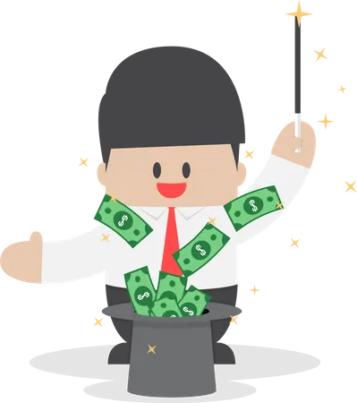 Businessman with money flying from magic hat Illustration