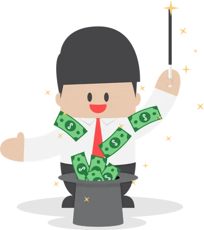 Businessman with money flying from magic hat  Illustration