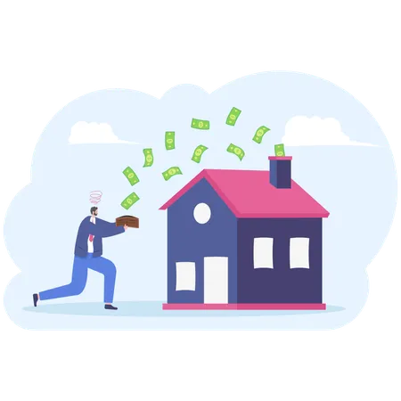 Businessman with money is flying away to debt house  Illustration