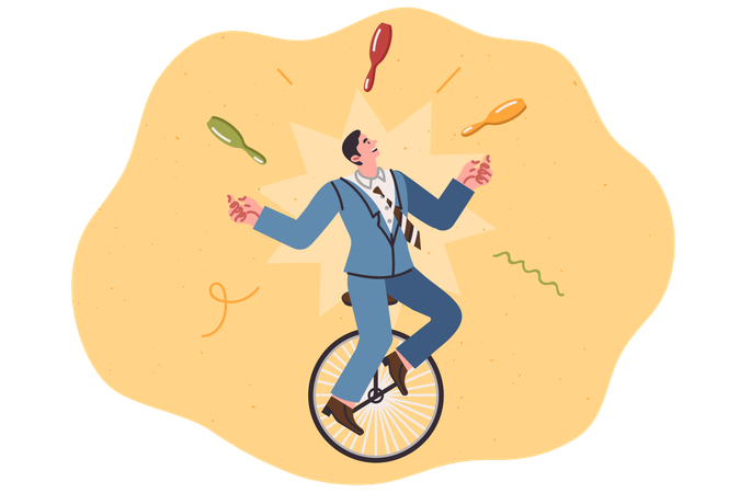 Businessman with multitasking skills rides unicycle and juggles pins at same time  Illustration