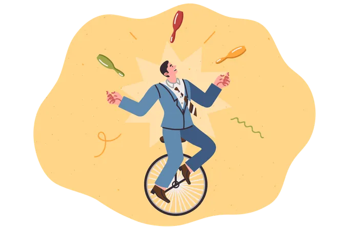 Businessman with multitasking skills rides unicycle and juggles pins at same time  Illustration