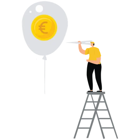 Businessman with needle pierces Us Dollar coin balloon  Illustration