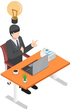 Flat 3 D Isometric Businessman Sitting On His Desk And Got New Idea Business Idea Concept Illustration