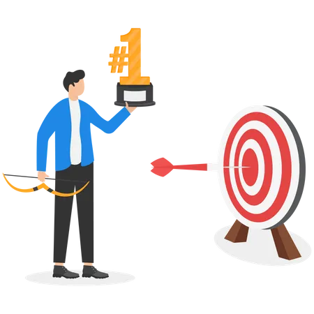 Businessman With Number One Trophy And Archery Target Business Man With Archery Smart Goal Business Target Concept Achievement And Success Illustration