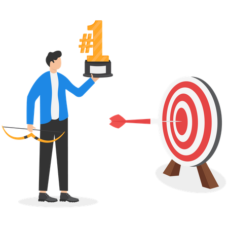 Businessman With Number One Trophy And Archery Target  Illustration