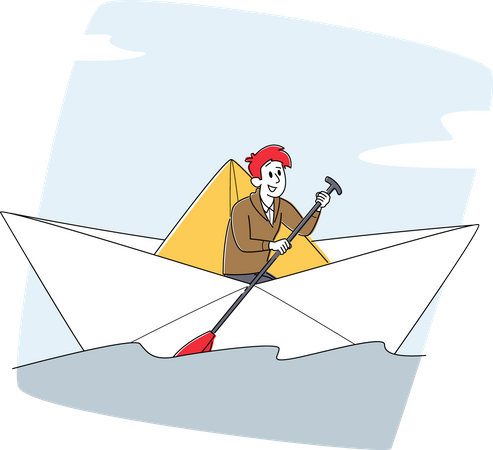 Businessman with Paddle Sail on Paper Boat  Illustration