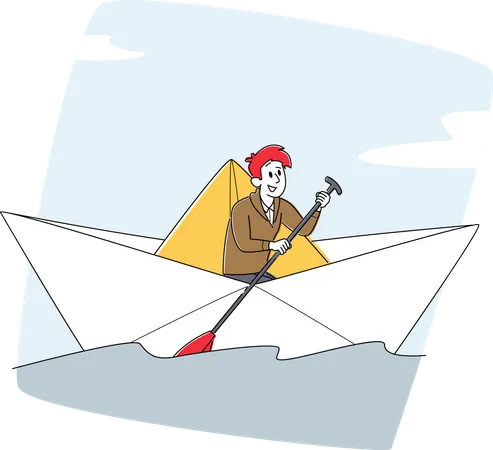 Businessman with Paddle Sail on Paper Boat  Illustration