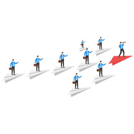 Businessman with paper plane for leader and white paper planes flying on sky  Illustration