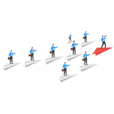 Businessman with paper plane for leader and white paper planes flying on sky  Illustration