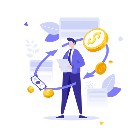 Businessman With Papers Standing In Cash Swirl  Illustration