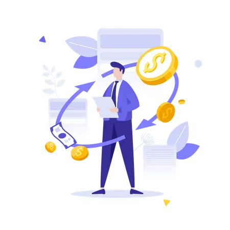 Businessman With Papers Standing In Cash Swirl  Illustration