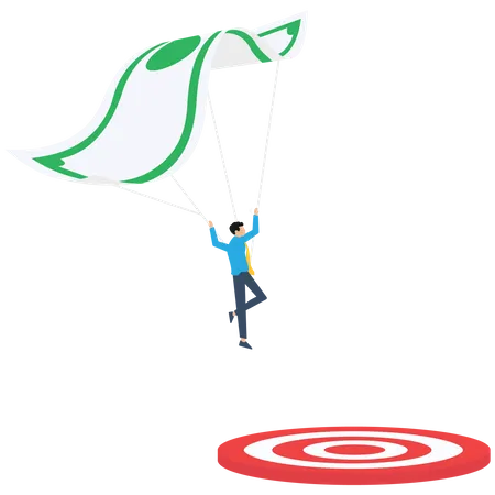 Businessman with parachute landing on target  Illustration