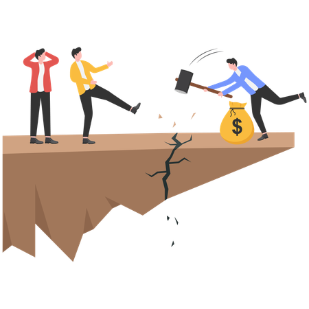 Businessman with pick axe digs edge of rock to cause himself to fall  Illustration