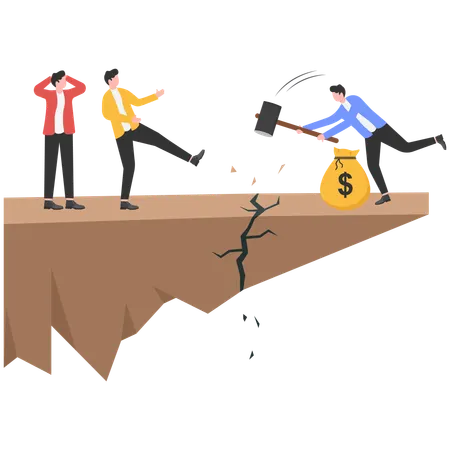 Businessman with pick axe digs edge of rock to cause himself to fall  Illustration