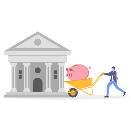 Businessman with piggy bank pushing cart for bank savings  Illustration