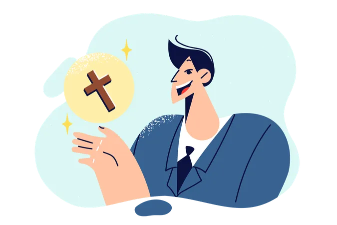 Business Man With Christian Cross Praying To God Asking For Help In Solving Professional Problems Believing Guy Manager With Catholic Crucifix Creates Company According To Christian Canons Illustration