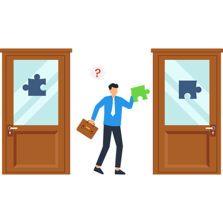 Businessman with Puzzle Piece and Doors  Illustration