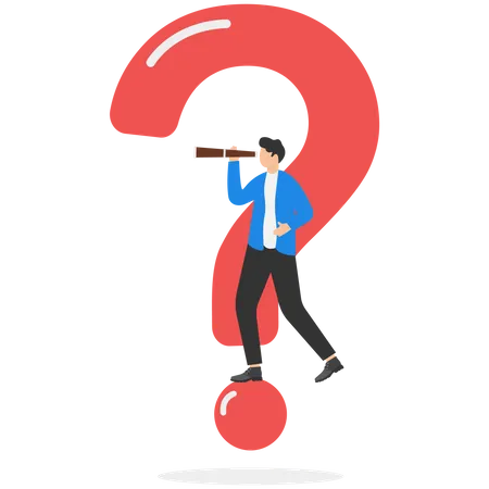 Businessman With Huge Question Mark Look Through Binoculars To Search For New Business Idea Curiosity Explore Unknown Search For Solution Or New Business Opportunity Seek For Success Concept Illustration