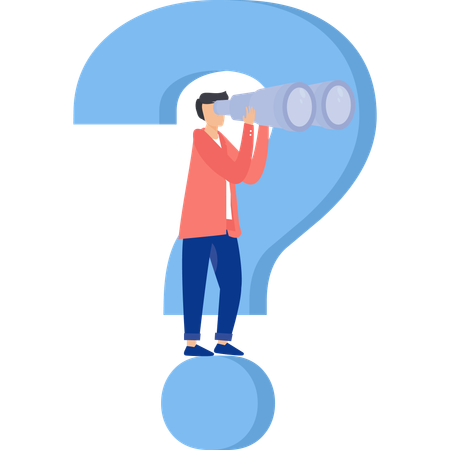 Businessman with question mark look through binoculars to search for new business idea  Illustration