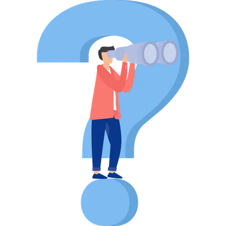 Businessman with question mark look through binoculars to search for new business idea  Illustration