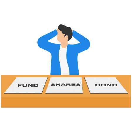 Businessman With Question Mark Scratching His Head Behind Adds With Text Fund Shares And Bond Vector Illustration On How To Invest And Asset Allocation Concept Illustration